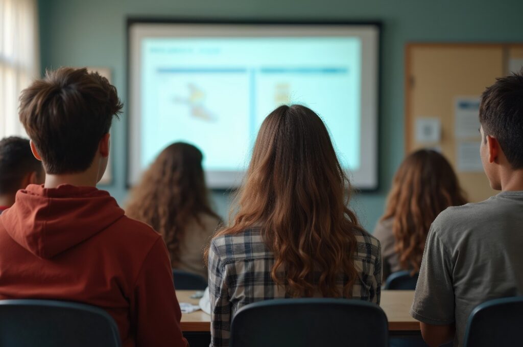 Jugendliche nehmen an einem Vortrag zur Fahrschulausbildung in der Schule teil. Die Schüler verfolgen eine an die Wand projizierte Präsentation. Im Unterricht werden Themen wie Fahrzeugsicherheit, Verkehrsgesetze und Straßenverkehrsregeln behandelt. Ausbildung, Erlernen neuer Fähigkeiten für die Prüfung,