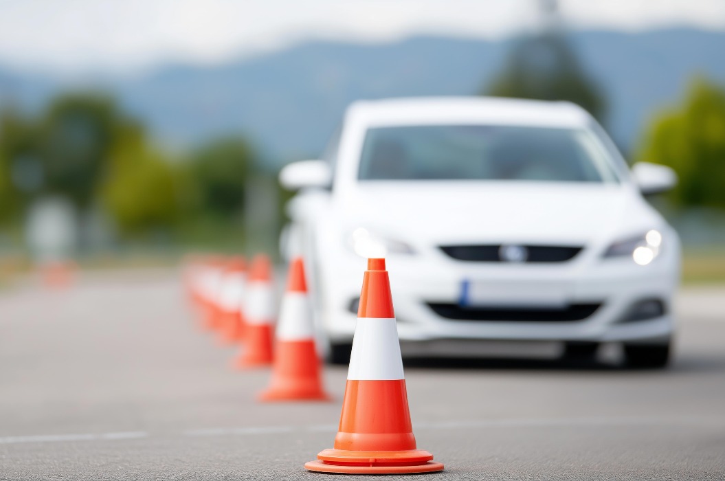 Weiße Verkehrskegel bei einer unscharfen Fahrprüfung, gesichtsloser Übungsbereich, Detailansicht der Trainingsvisualisierung, verschwommener Kurshintergrund, Prüfungskonzept, Fahrerschnittstelle, Testdi